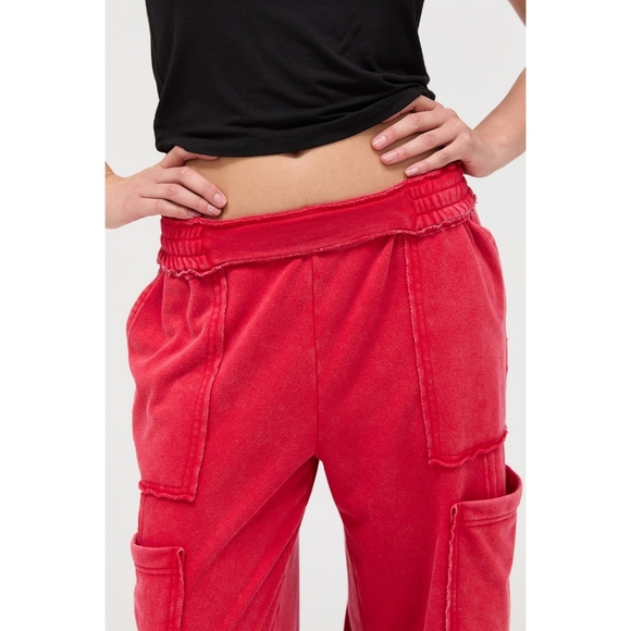 CloudDweller Red Mineral Washed Cotton Butter Soft Wide Leg Cargo Sweatpants - Picture 3 of 5